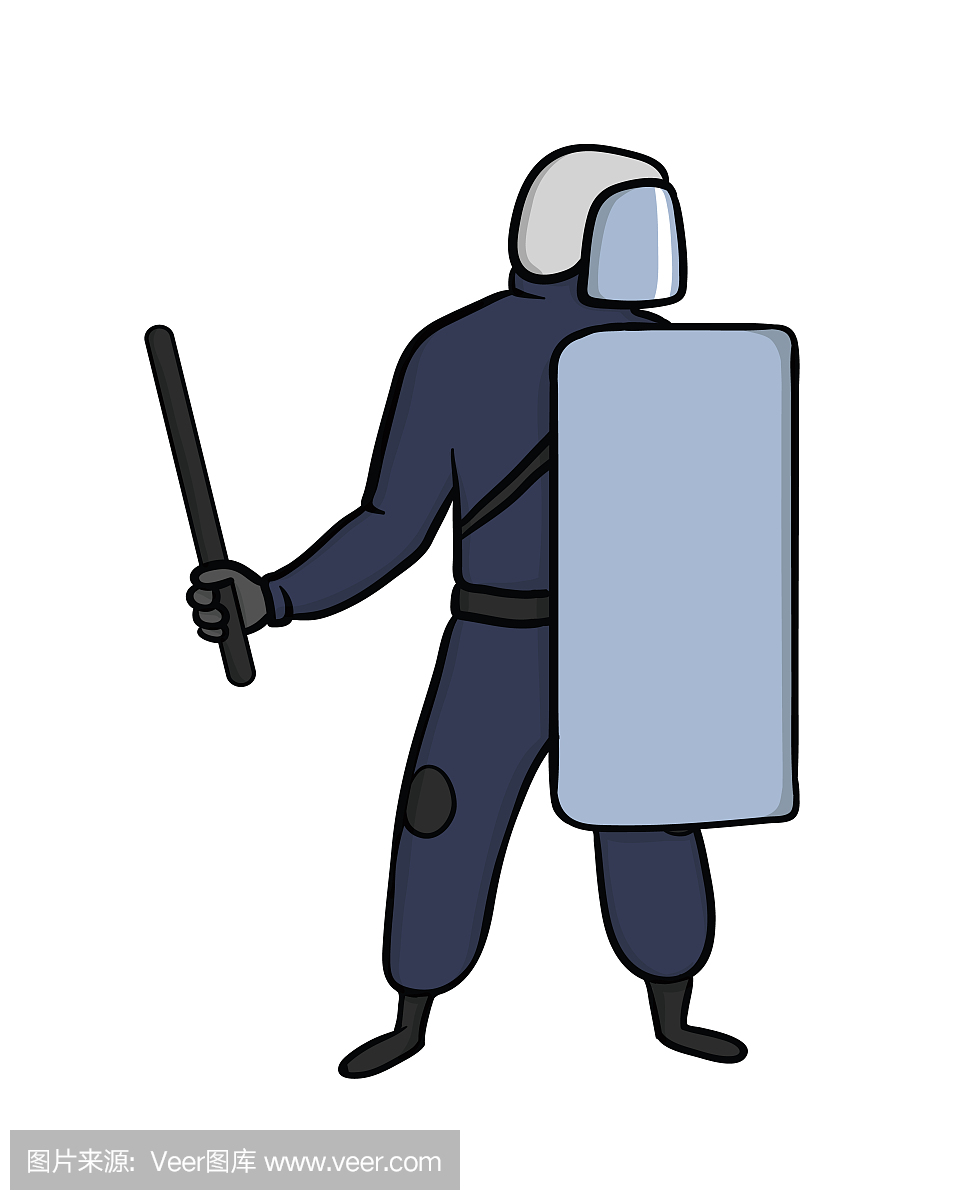 Policeman with helmet, shield and baton on stre