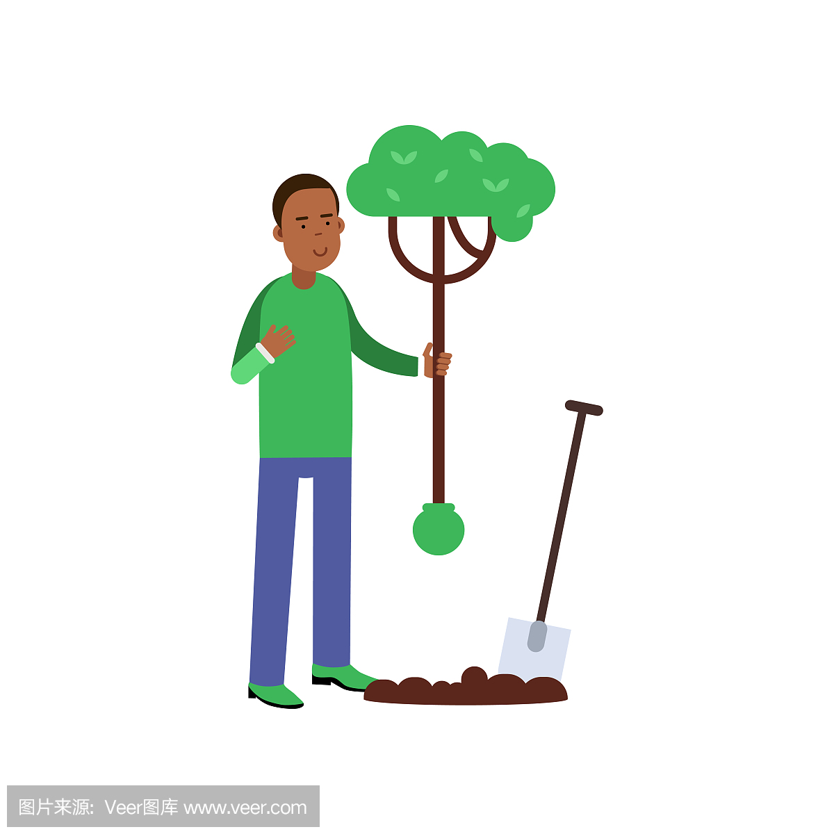 男人卡通人物种树,有助于环境保护
