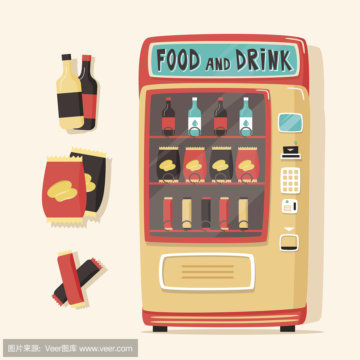 复古自动售货机与食物和饮料。复古风格