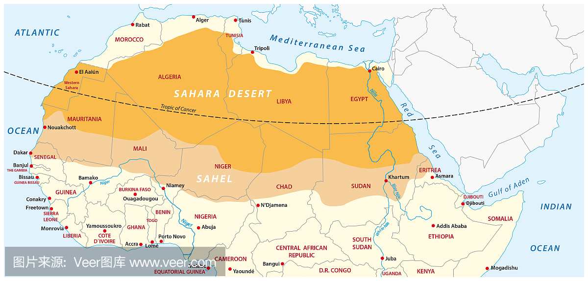 撒哈拉沙漠和萨赫勒地区的地图