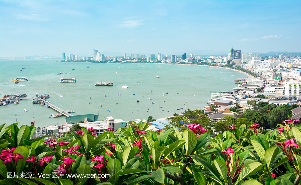 巴厘海码头在芭堤雅海湾,泰国与花前景。