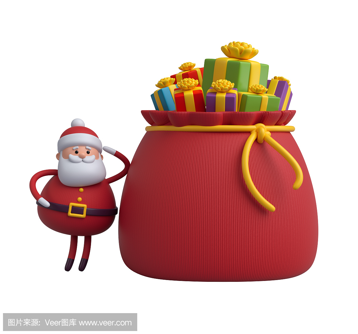 3d渲染,数码插图,圣诞老人卡通人物,礼品盒,袋