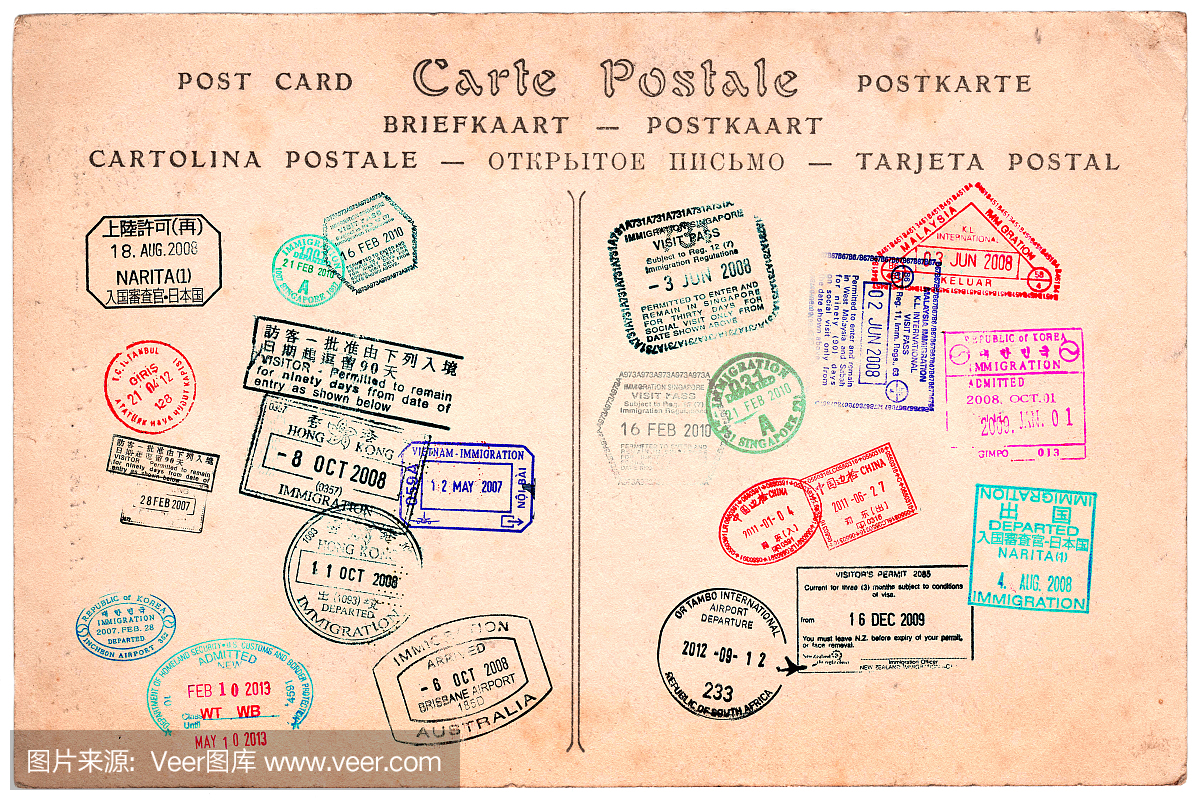 收集护照邮票在老式明信片背景