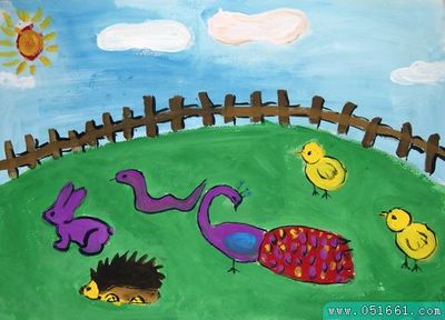 儿童水粉画作品:动物园-35kb