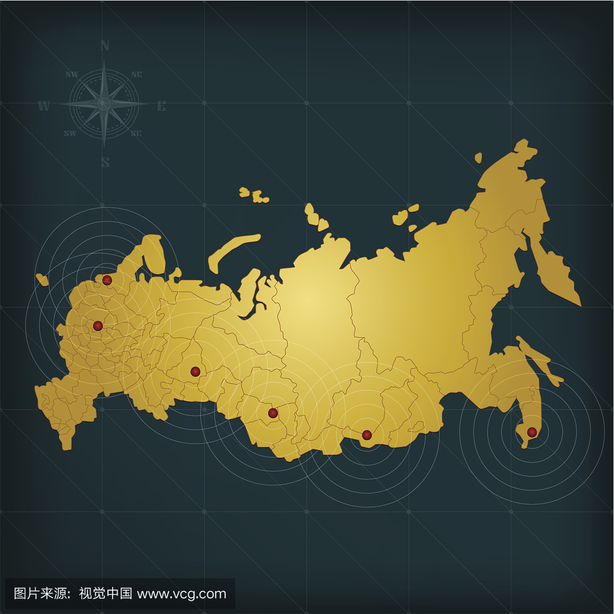 俄罗斯地图在黑暗的背景与网格和标记