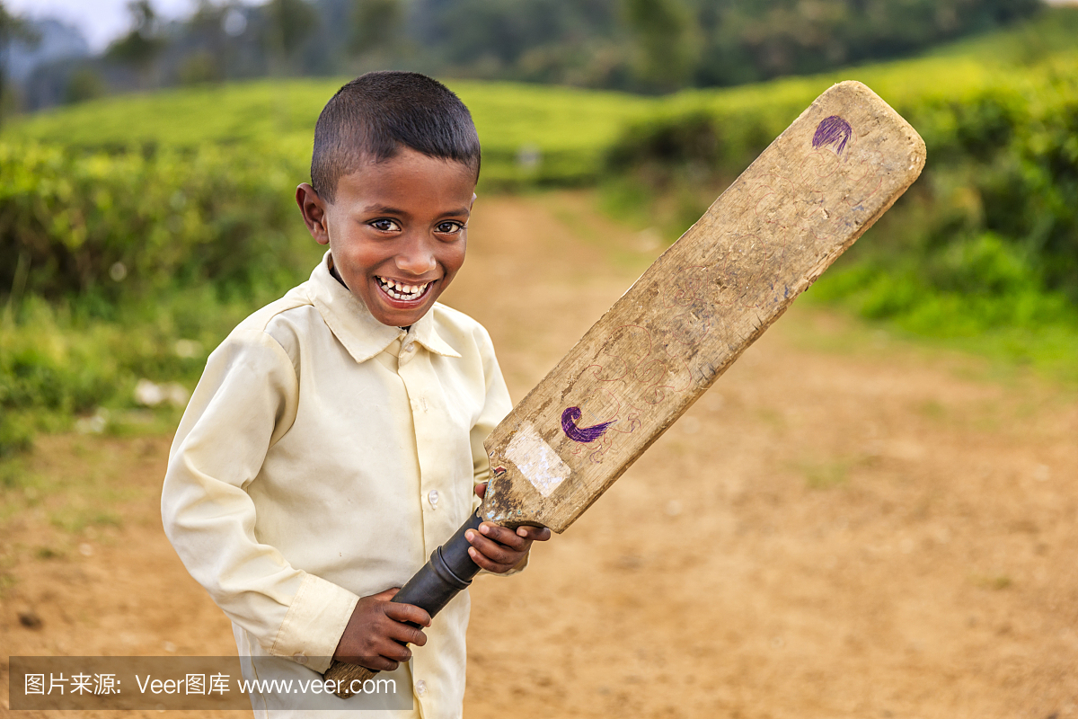 斯里兰卡小男孩在茶园玩板球