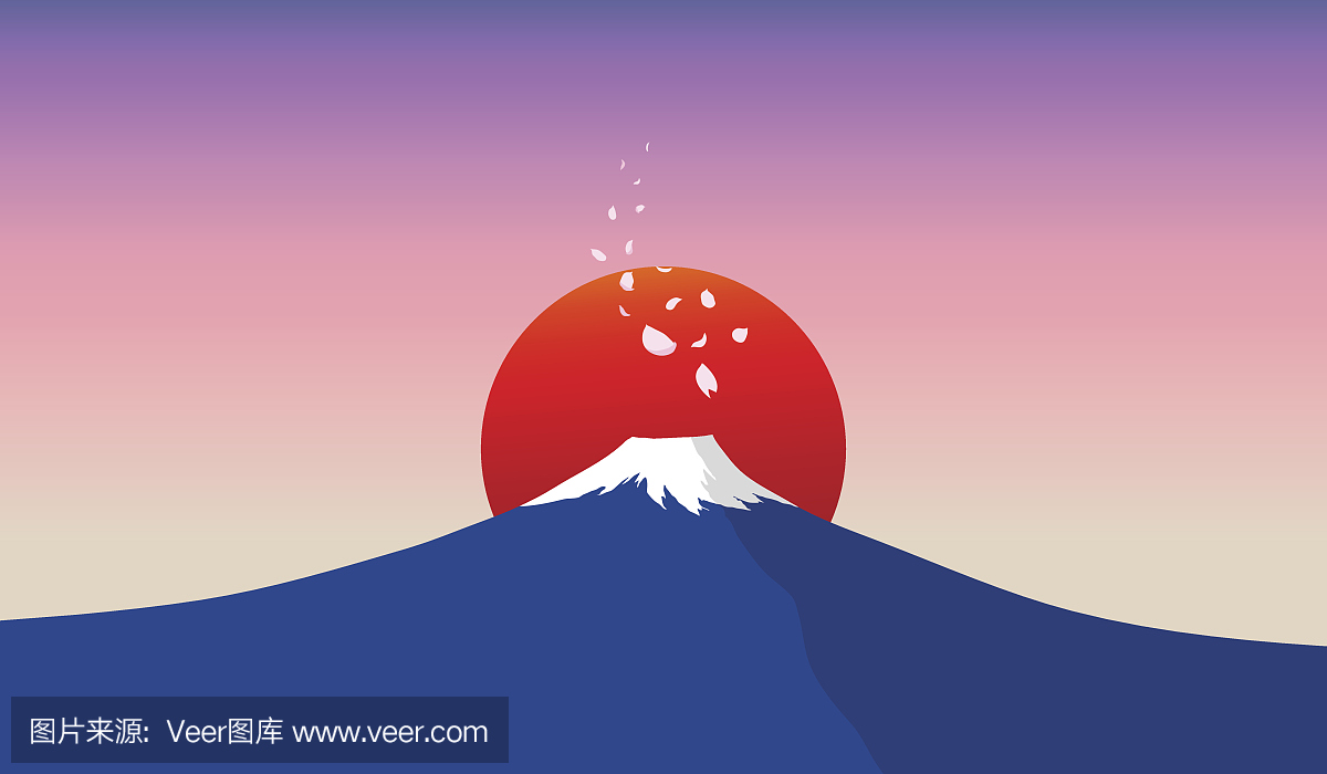 富士山与红色的太阳在背景中的插图