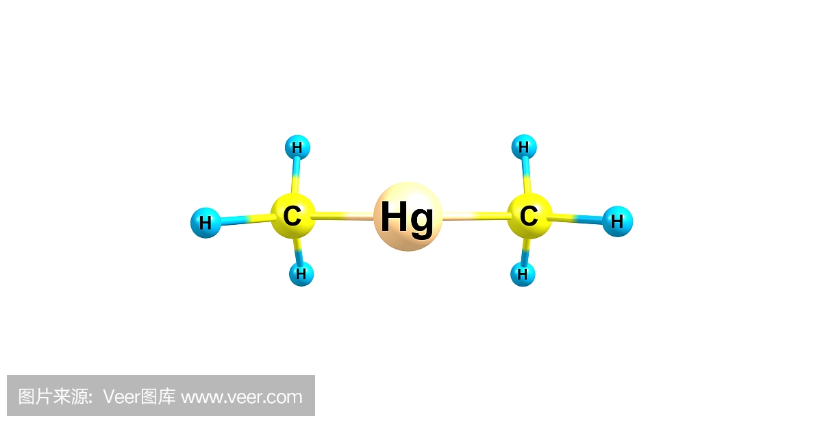 二甲基汞分子结构在白色背景上