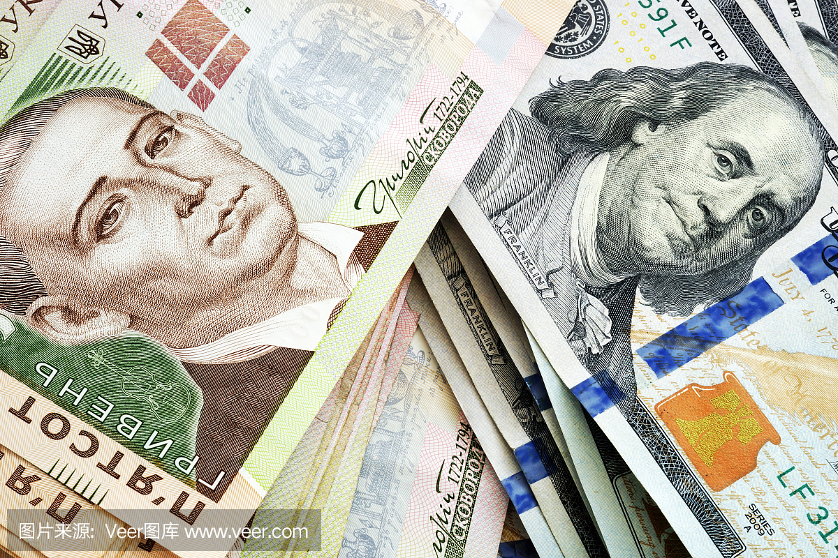 乌克兰hryvna和美国美元。货币兑换。