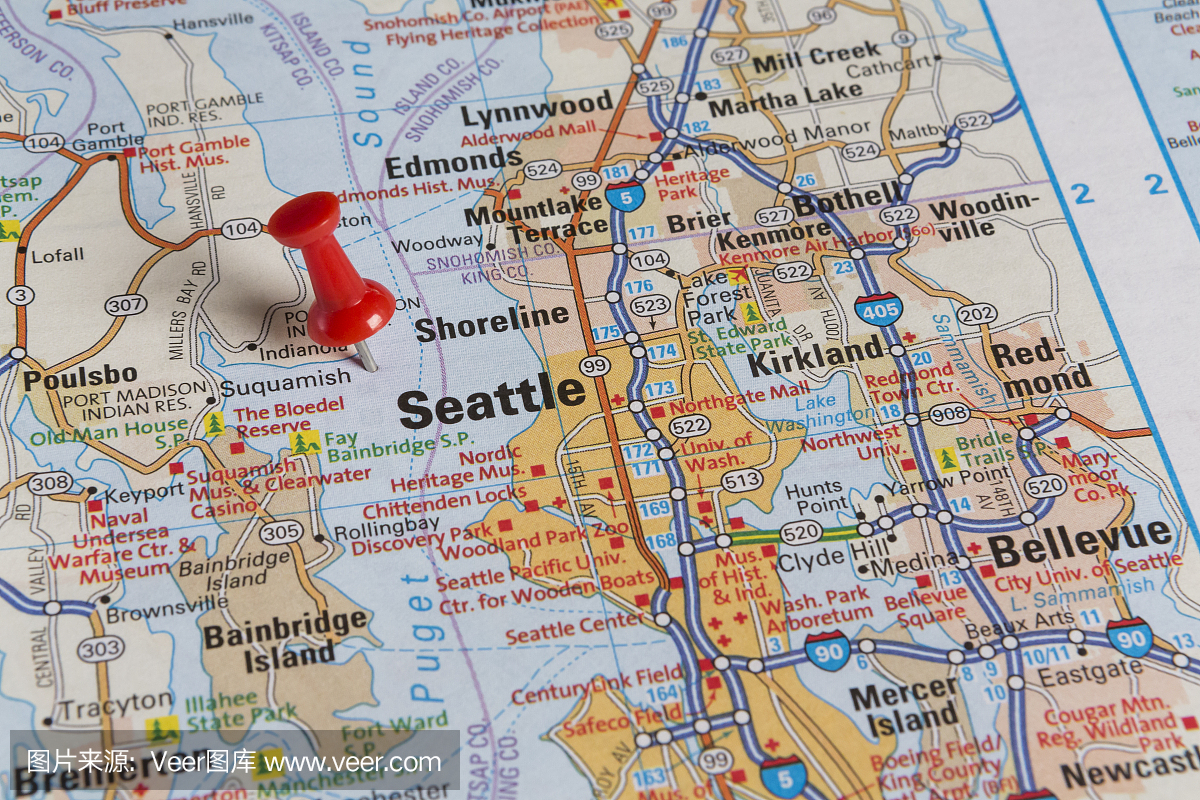 地图,西雅图,华盛顿州的图钉