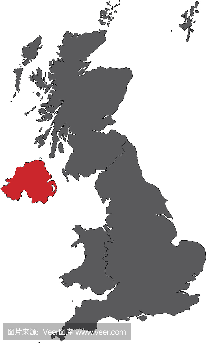北爱尔兰红色地图在灰色英国地图矢量