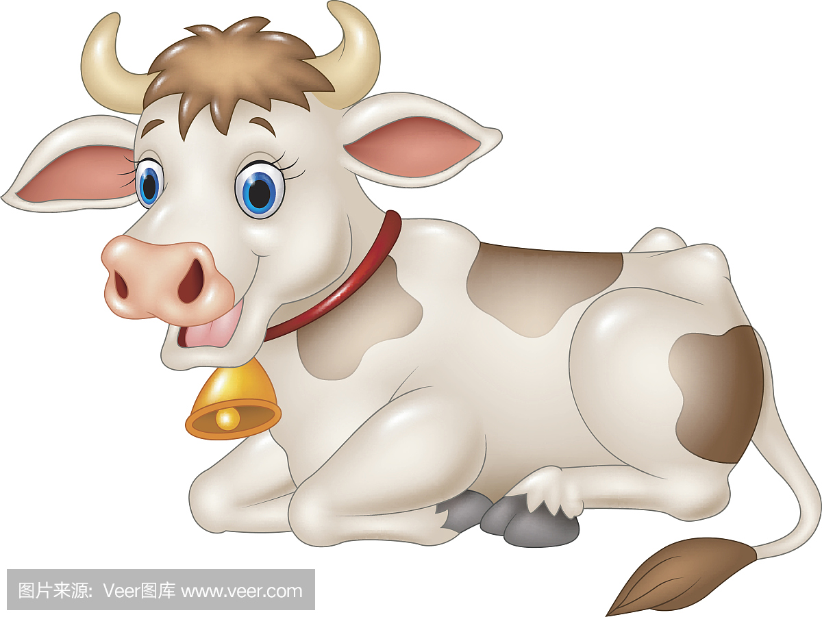 卡通有趣的牛坐在孤立的白色背景上