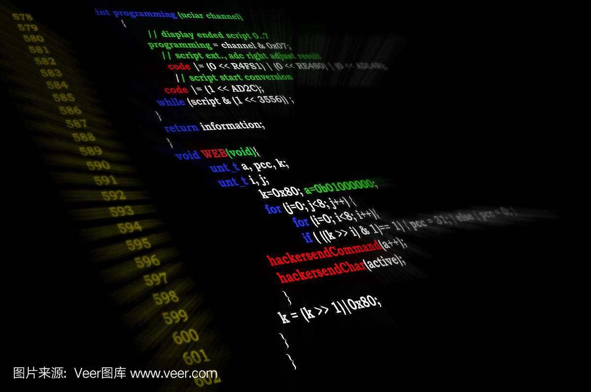 软件开发人员的编程代码抽象屏幕。电脑脚本