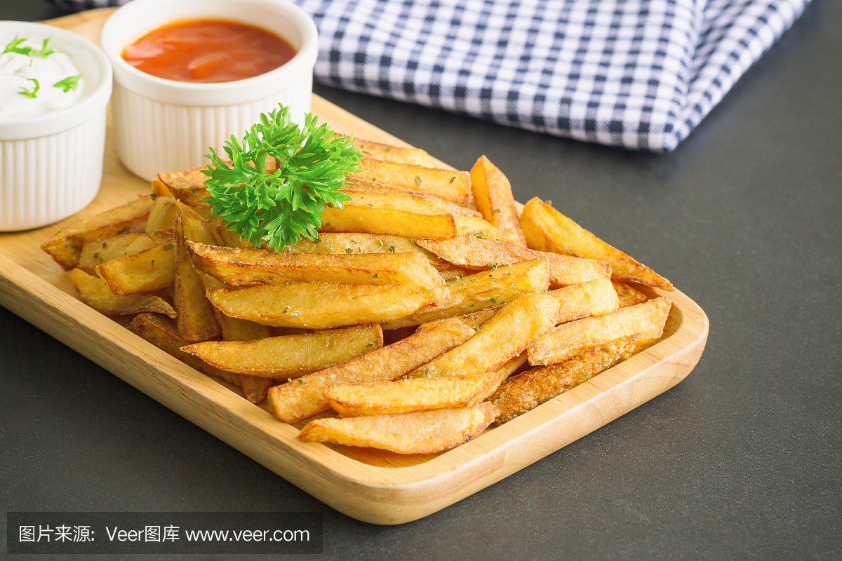 Homemade french fries serve with ketchup and