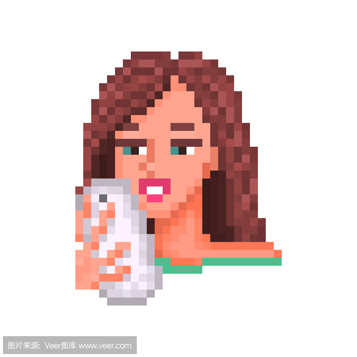 女孩采取自拍照,像素艺术。女人录制视频\/手机