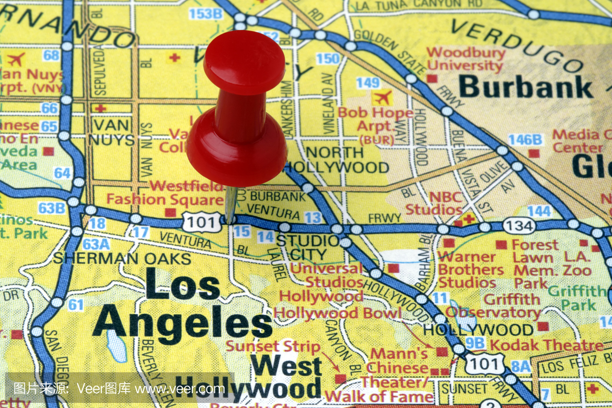 洛杉矶,加州在地图上。