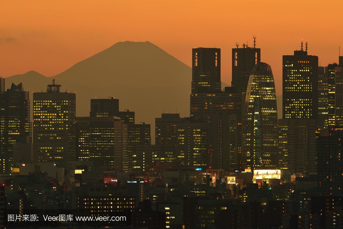 富士山和东京天际线:白天和晚上