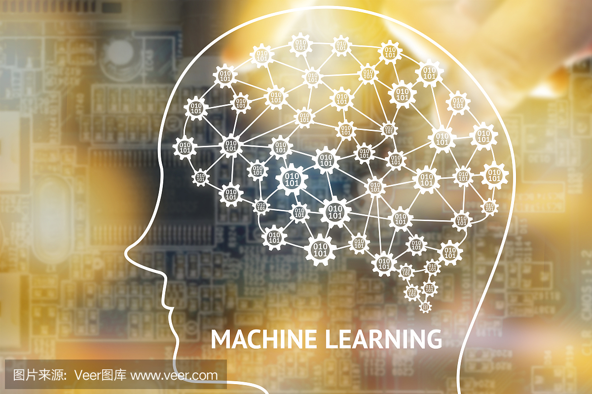 学习和人工智能概念。机器人脑与二进制编码齿