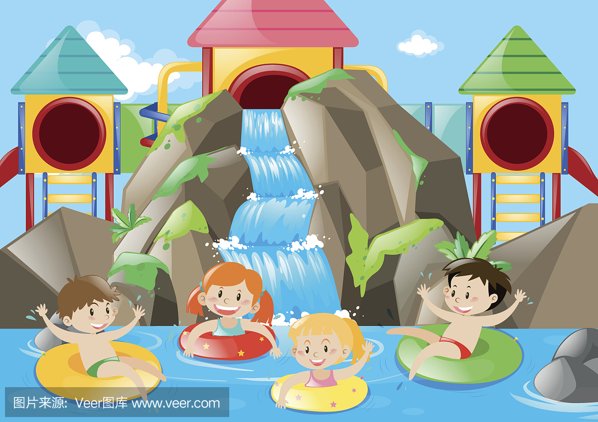 孩子们在瀑布游泳池游泳