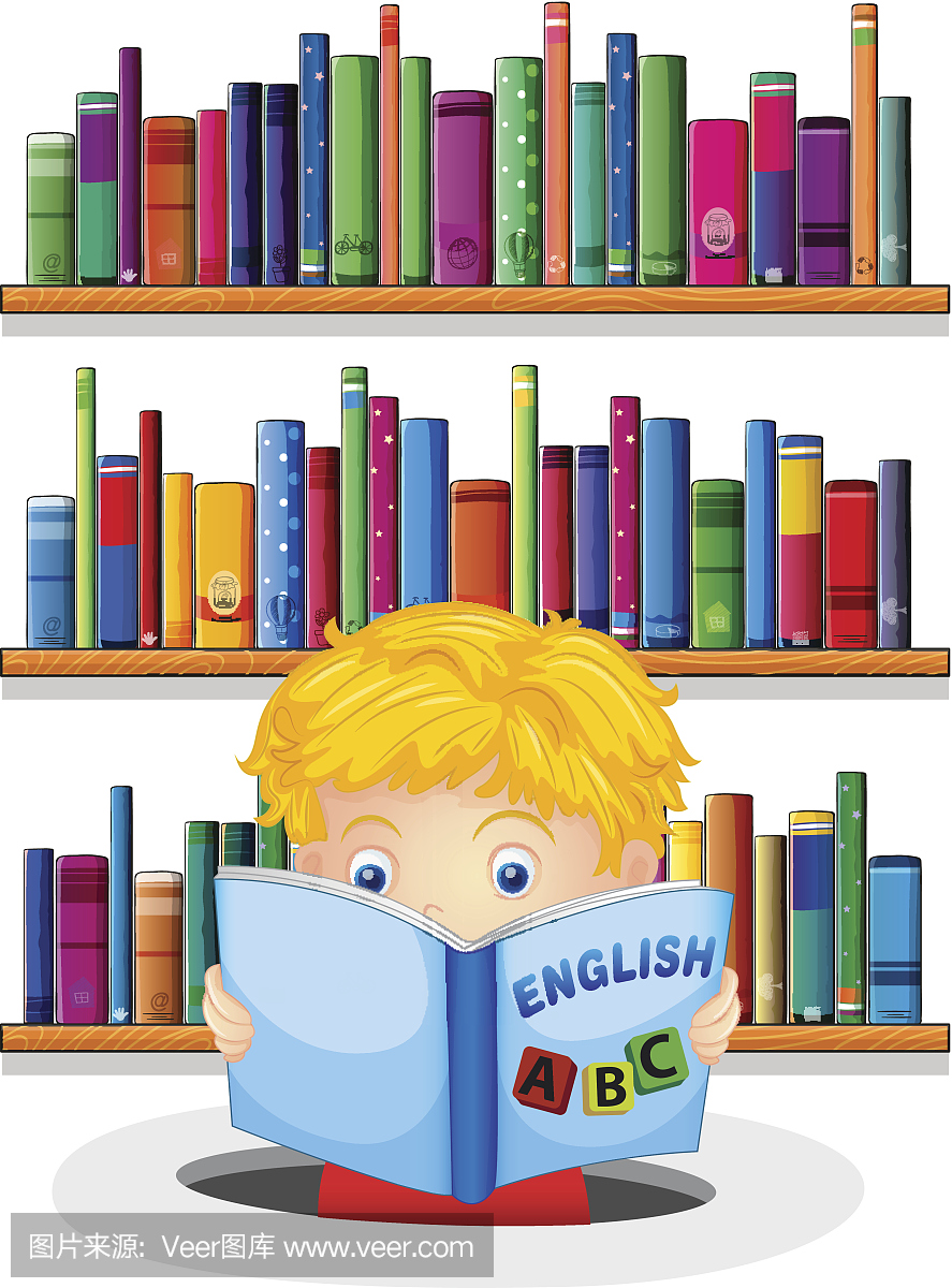 图书馆里的男孩读英文书