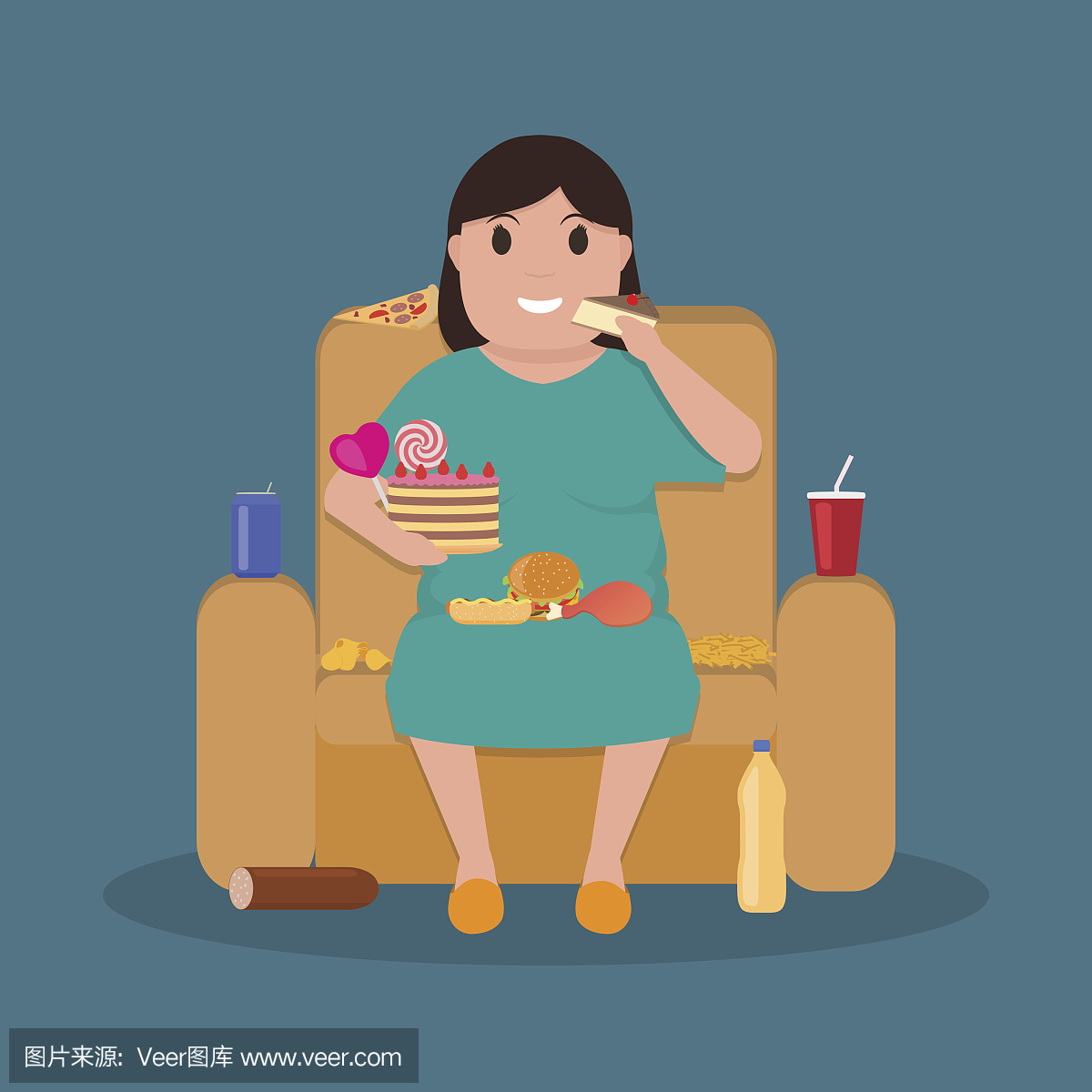 卡通胖胖的女人坐在沙发上吃垃圾食物