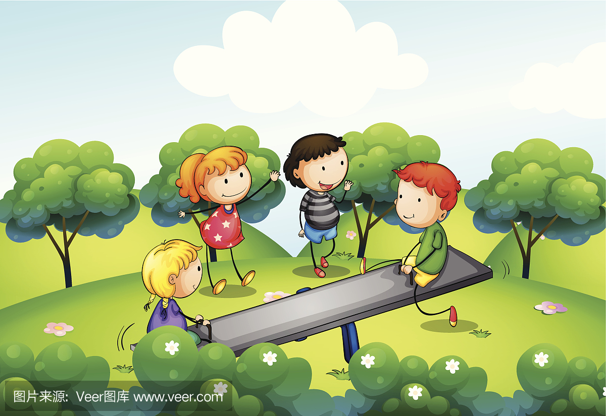 四个孩子在山上玩跷跷板