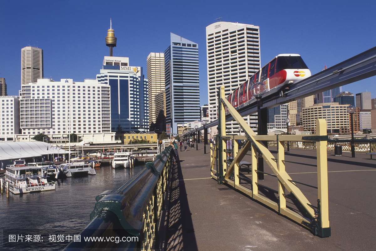 威尔士州,悉尼,达令港,Pyrmont桥与单轨列车和