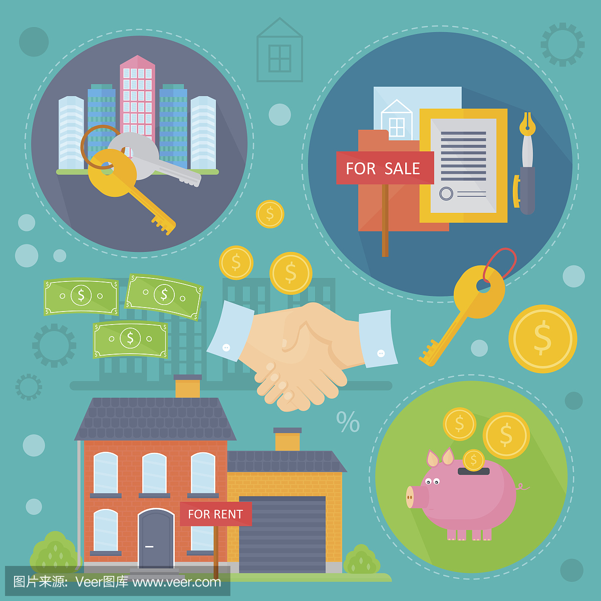 矢量房地产设计概念设置与销售和租赁市场公寓