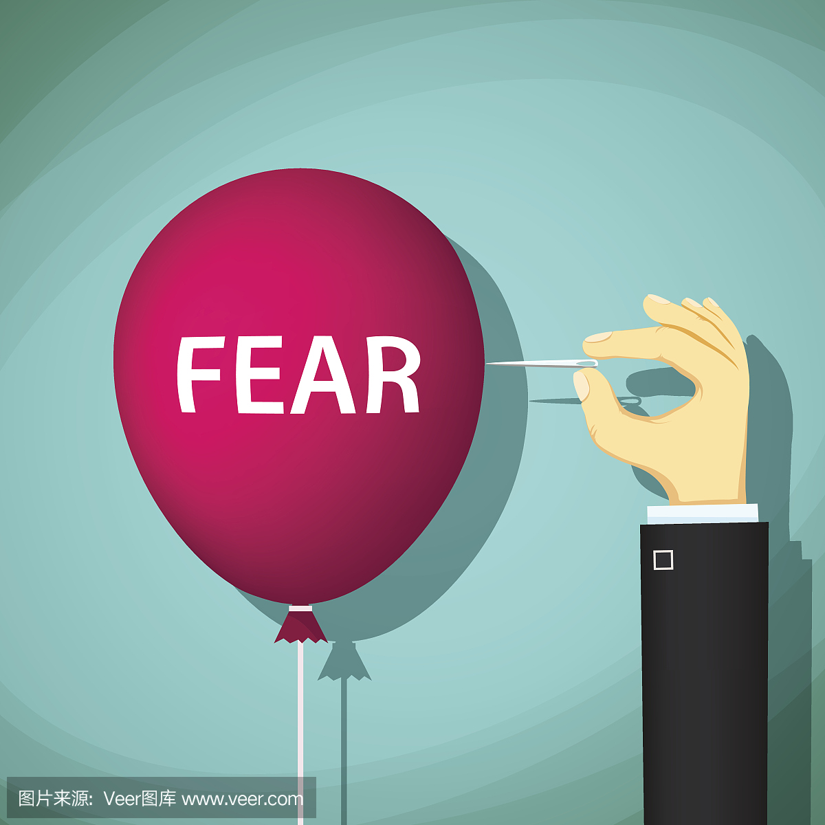 男人爆发一个气球与恐惧一词。