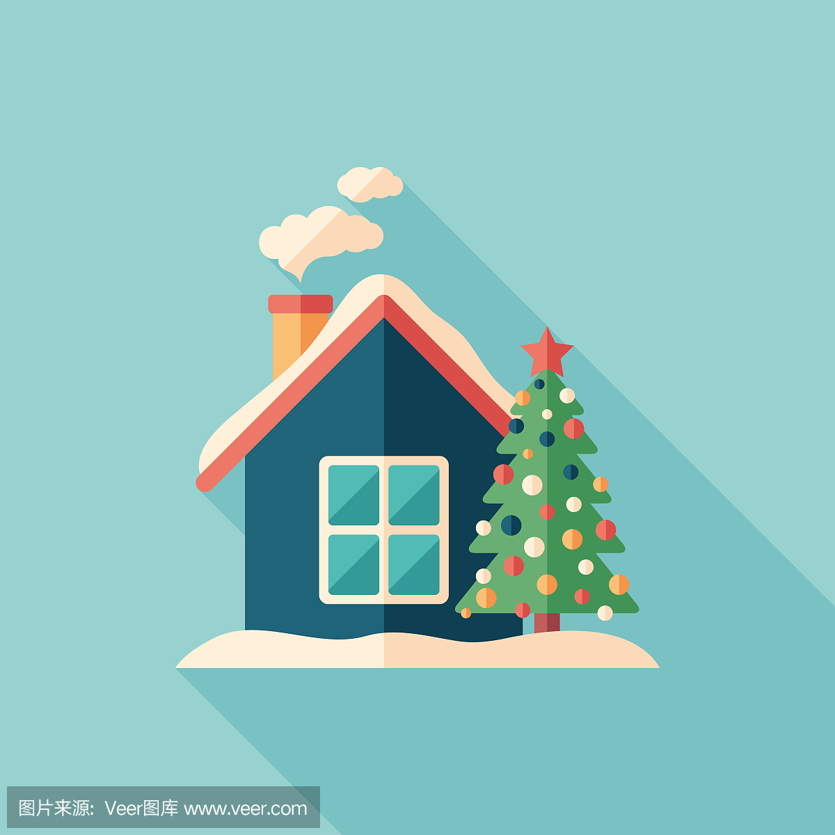 圣诞树附近的小房子平面正方形图标与长长的影