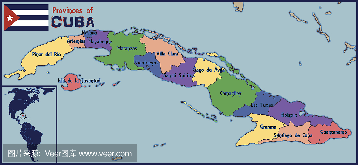 古巴的位置,地图和国旗