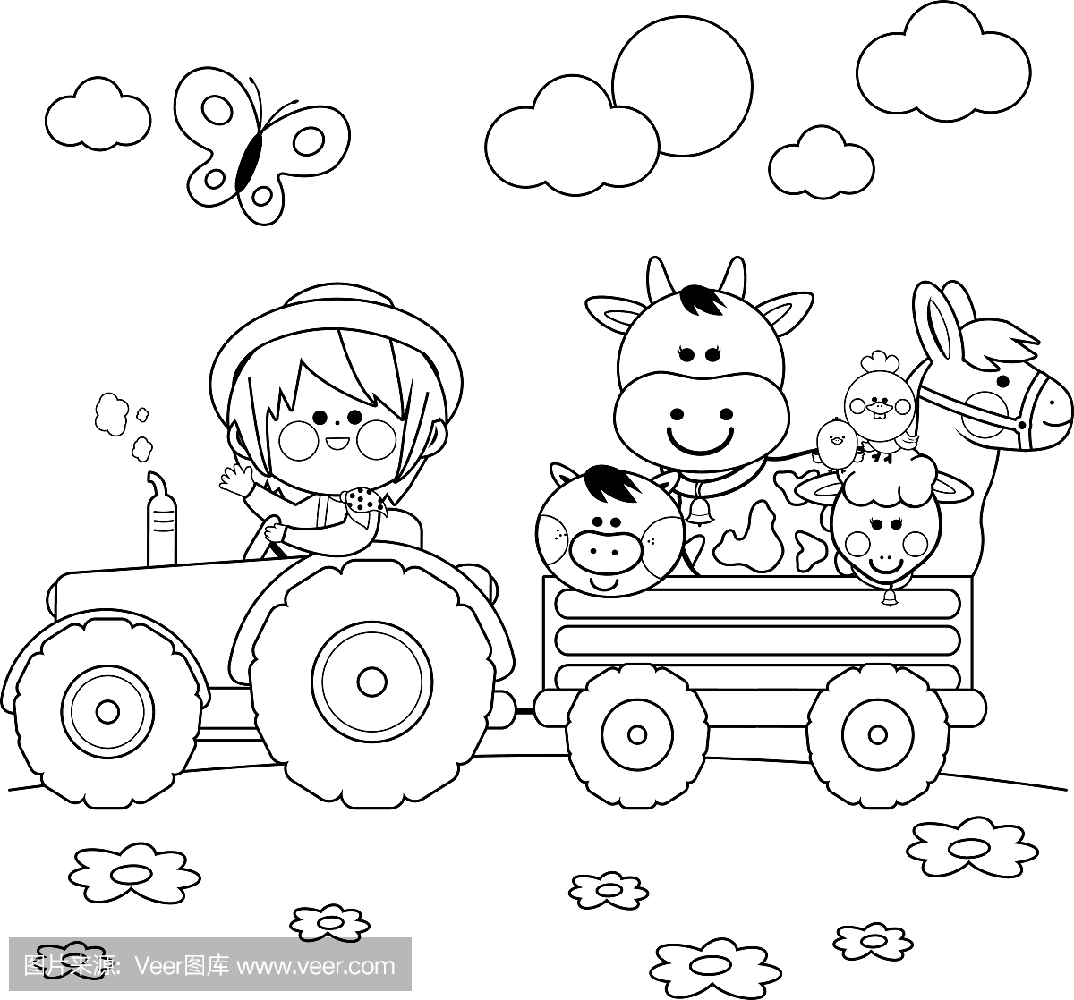 农民男孩驾驶拖拉机并携带农场动物。黑白着色