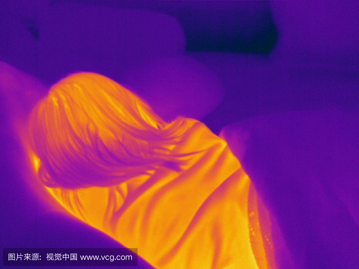 一个年轻女孩的热电图睡觉。不同的颜色代表不