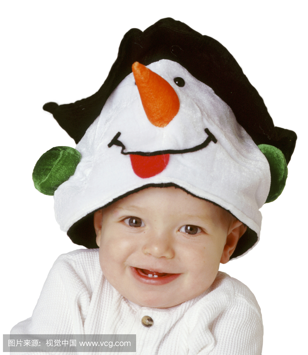 1岁的男孩,一个雪人帽子