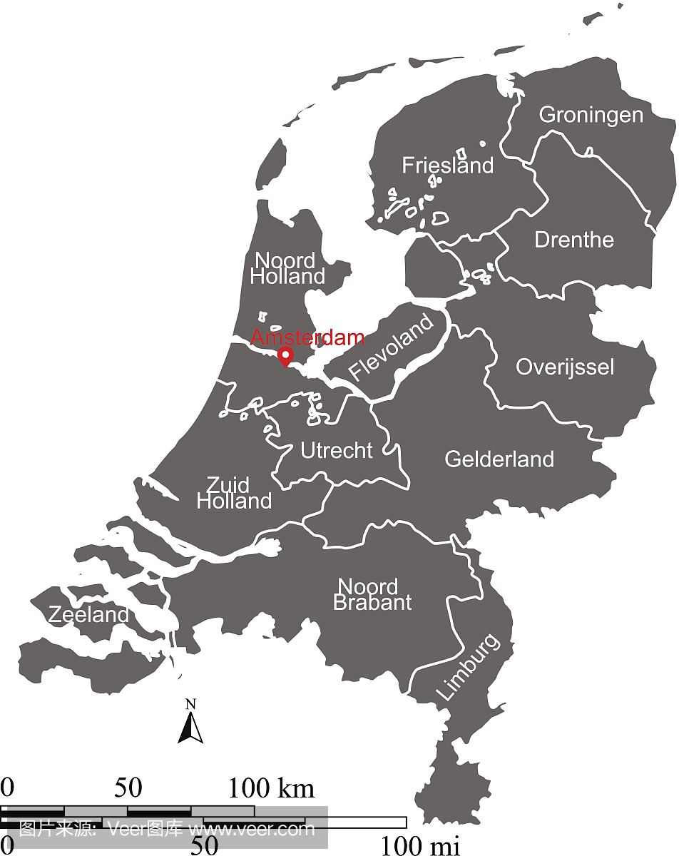 荷兰地图矢量轮廓与鳞片和州或省份
