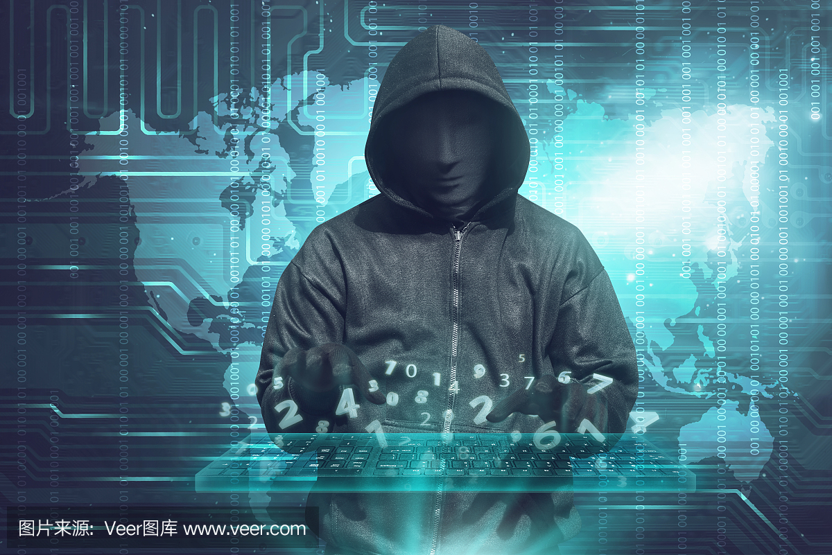 黑客在面具打字键盘黑客二进制数据