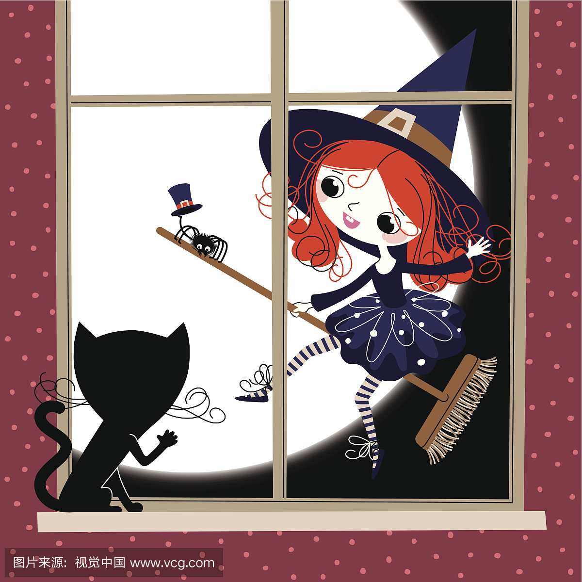 小女巫,猫和窗。