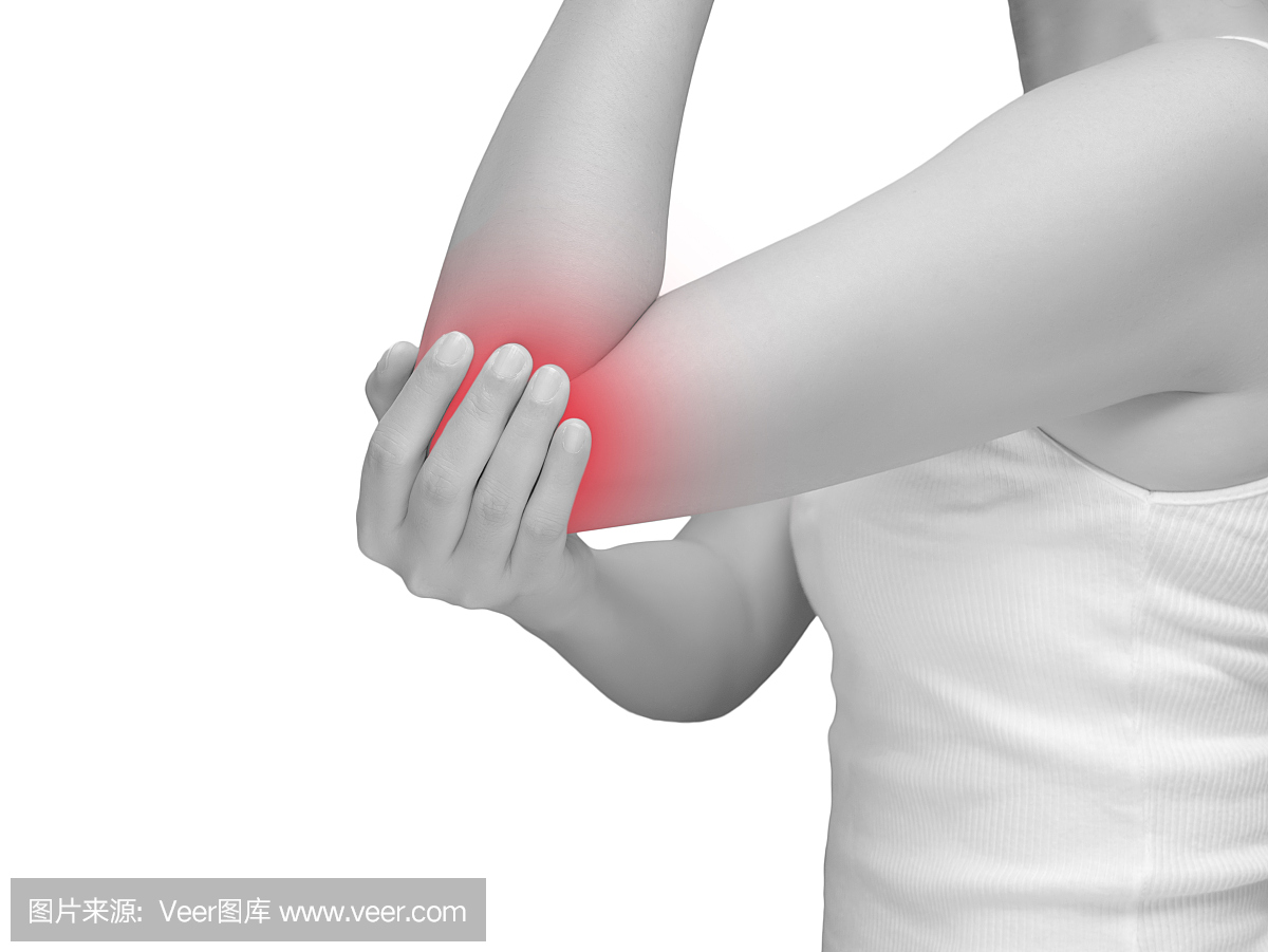 女人患肘关节疼痛,关节疼痛。在白色背景隔绝