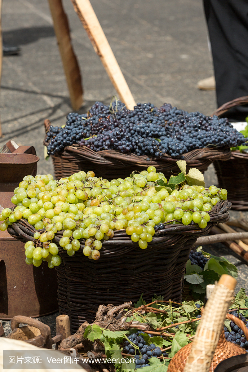 一串白葡萄和黑葡萄在柳条篮子里。