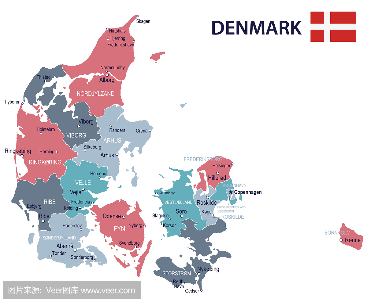 15 - 丹麦地图 - 绿色粉红色灰色10