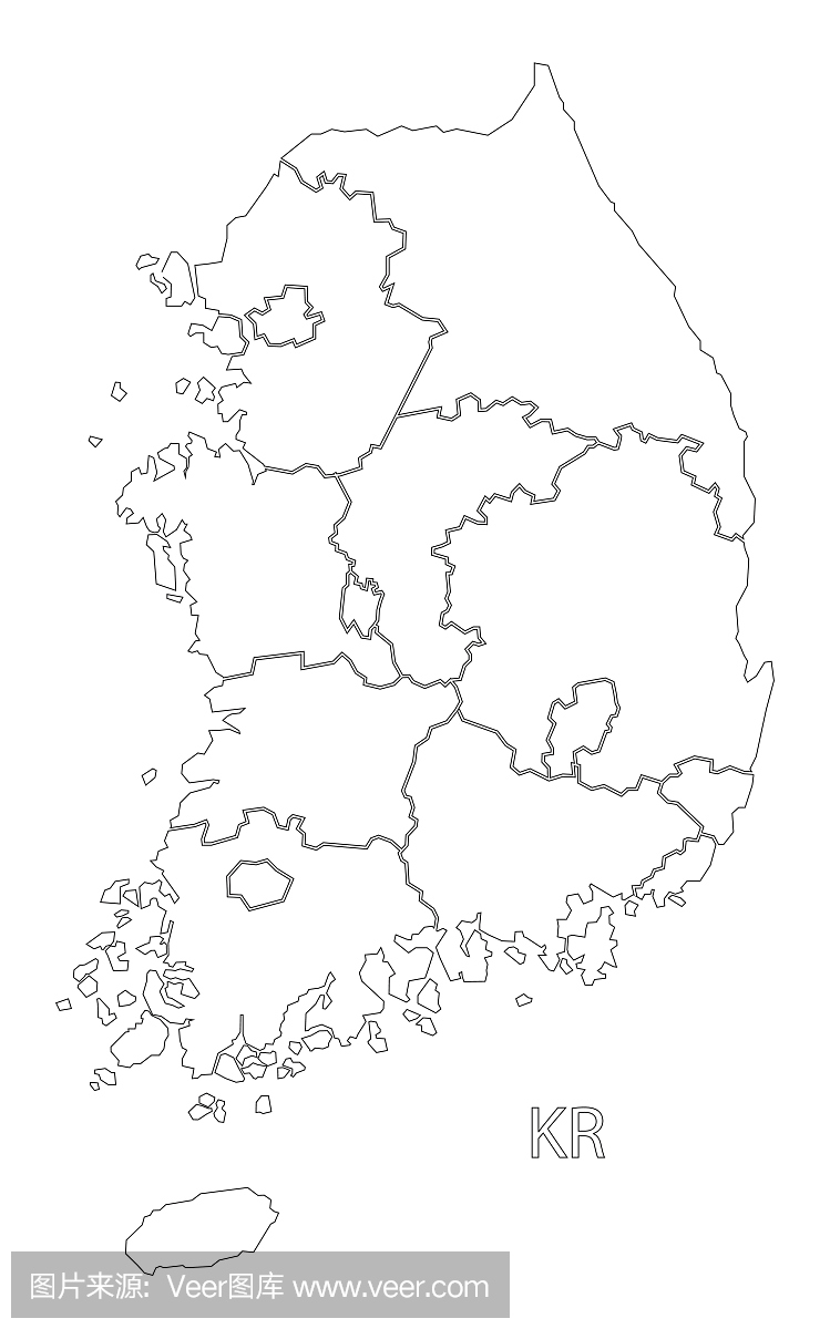 韩国轮廓剪影地图插图与地区