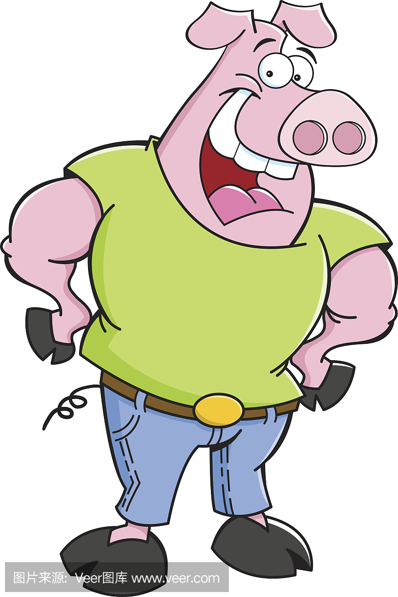 一个穿T恤和牛仔裤的猪的卡通插图。