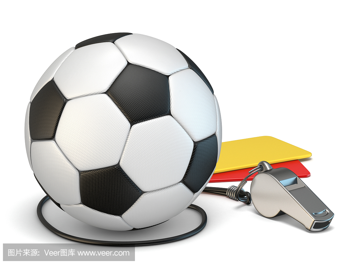 足球概念红色和黄卡,口哨和足球3D