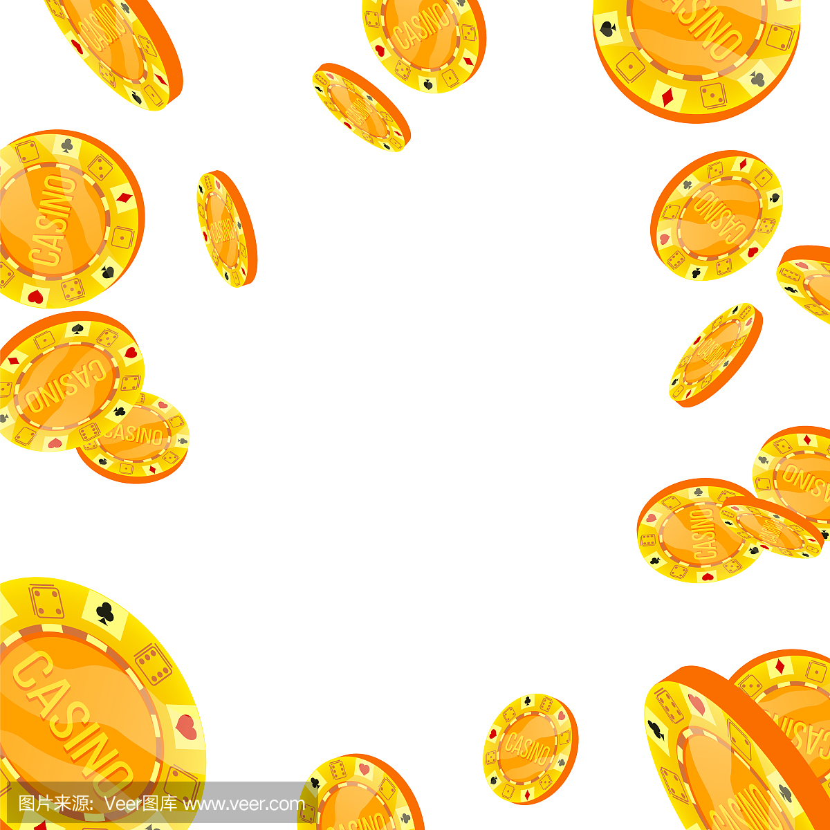 扑克筹码下降爆炸矢量。平,卡通黄金赌博硬币