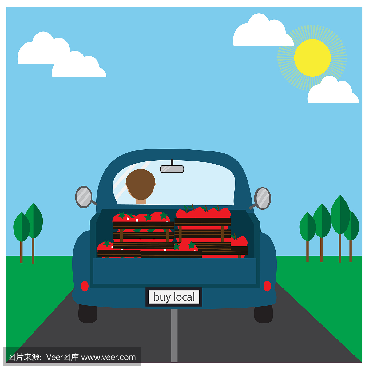 快速运送新鲜蔬菜。生态食品交付。卡通车与绿
