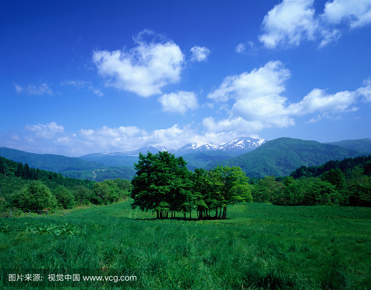 日本,山形县,绿色山丘和加桑山背景
