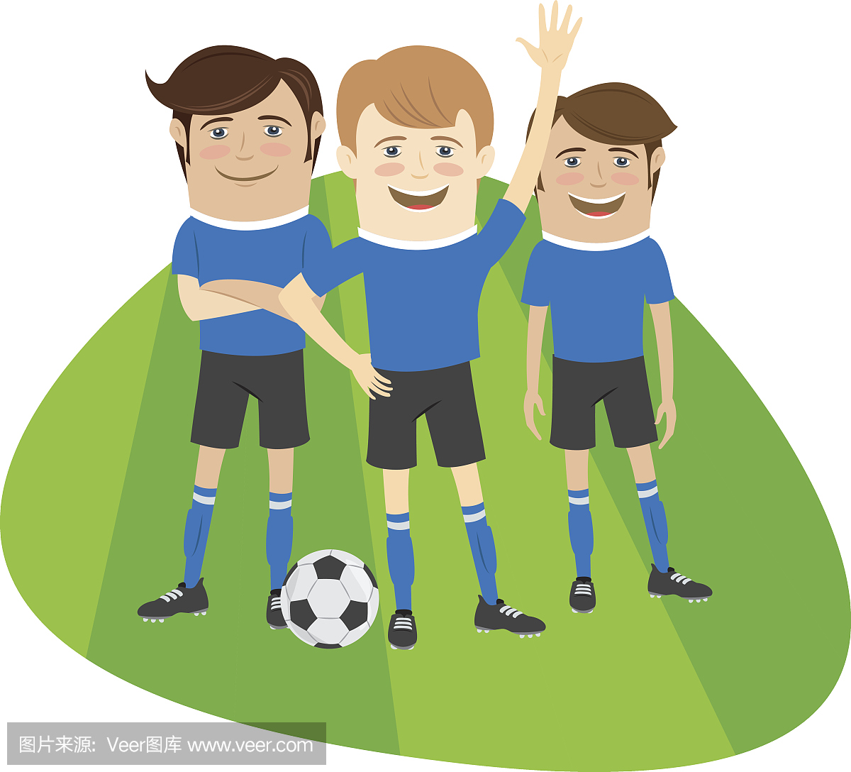 三个有趣的足球运动员球队站在草地上