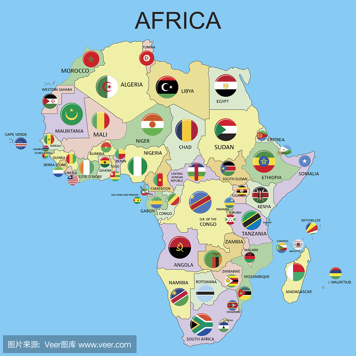 非洲 - 地图上的旗帜