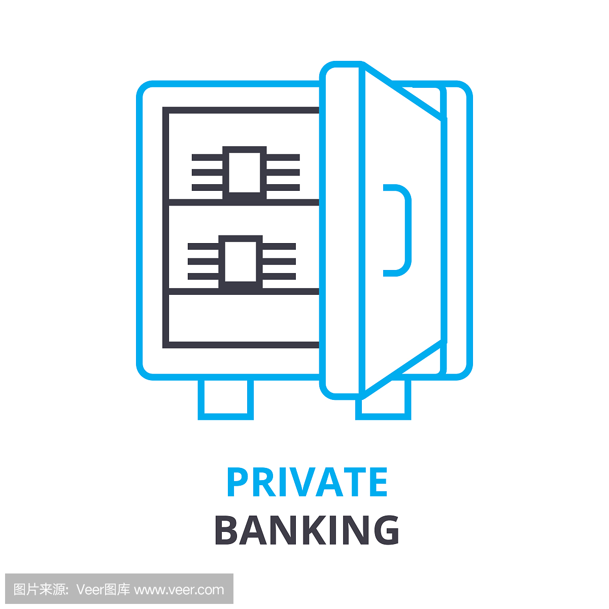 私人银行概念,大纲图标,线性标志,线象形图,平面