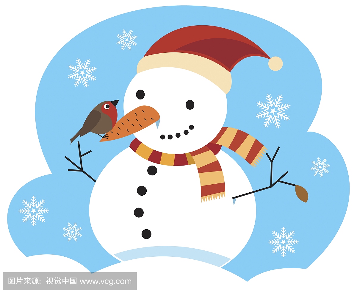围着脖子的条纹围巾的雪人,红色圣诞帽和罗宾